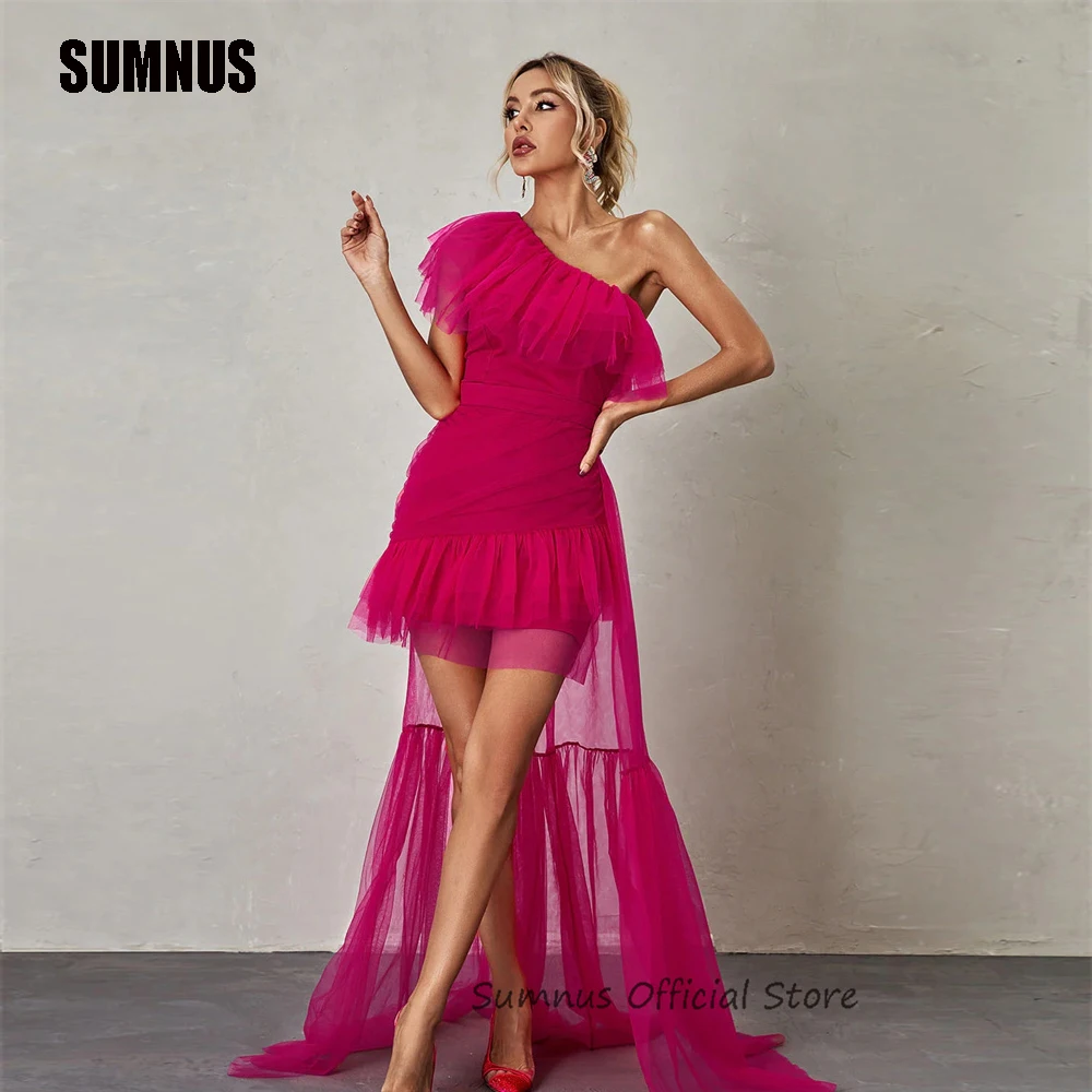 

SUMNUS Pink Tulle Mini Party Dresses Strapless Tiered Sexy Short Evening Prom Gown A Line Graduation Summer Detachable Train