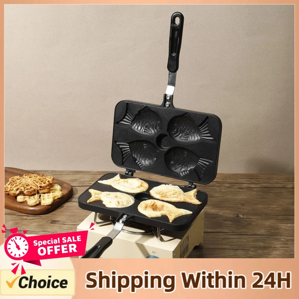 Aluminum Alloy Fry Pan Waffle Molds Four Fish Shaped Taiyaki Dessert Waffle Cake Maker Pan Waffle Baking Taiyaki Baking Pan