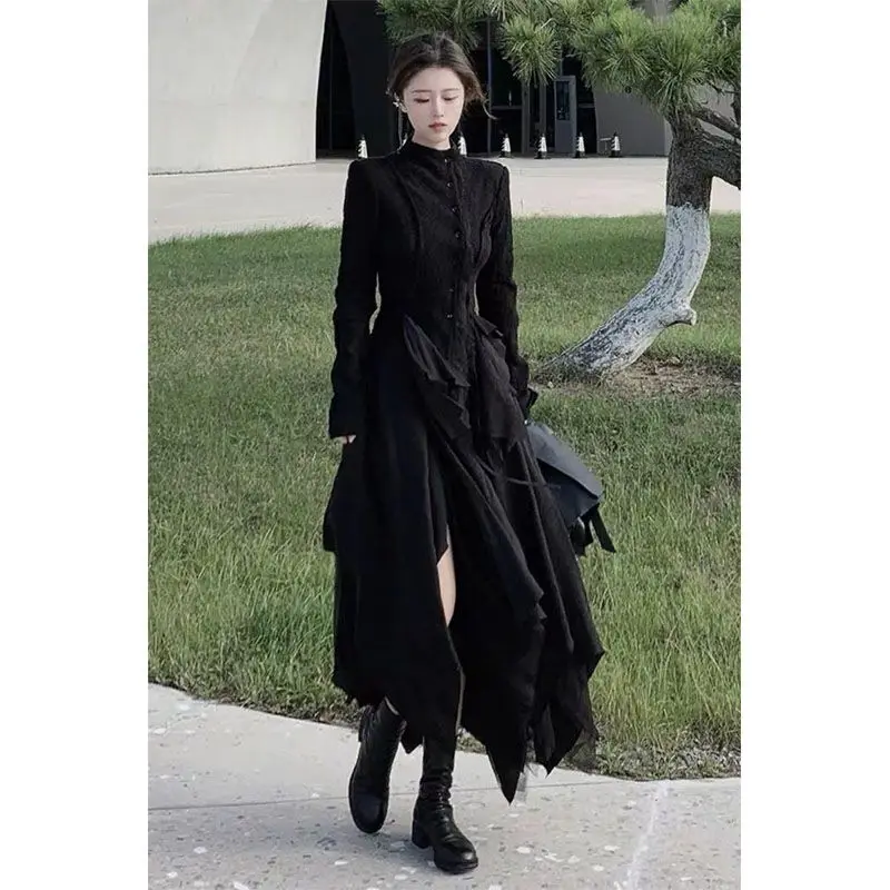 MAGOGO Autumn Winter New Retro Lace Slim Long Sleeve Top Irregular Spliced Long Skirt Sets Black Two Piece Sets Women Outfits
