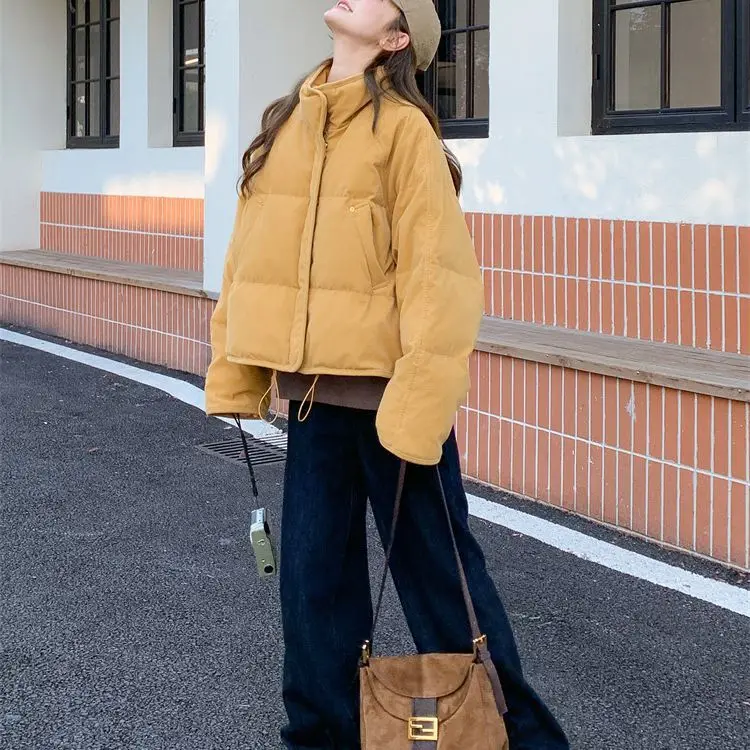 Gola curta para baixo jaqueta acolchoada de algodão 2025 inverno zíper estilo viajante cor sólida casaco feminino acolchoado de algodão