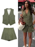 HH-Conjunto de pantalón y chaleco liso elegante para mujer, chaleco con cuello en V y una hilera de botones, Top + pantalones cortos ajustados de cintura alta, trajes de oficina para mujer