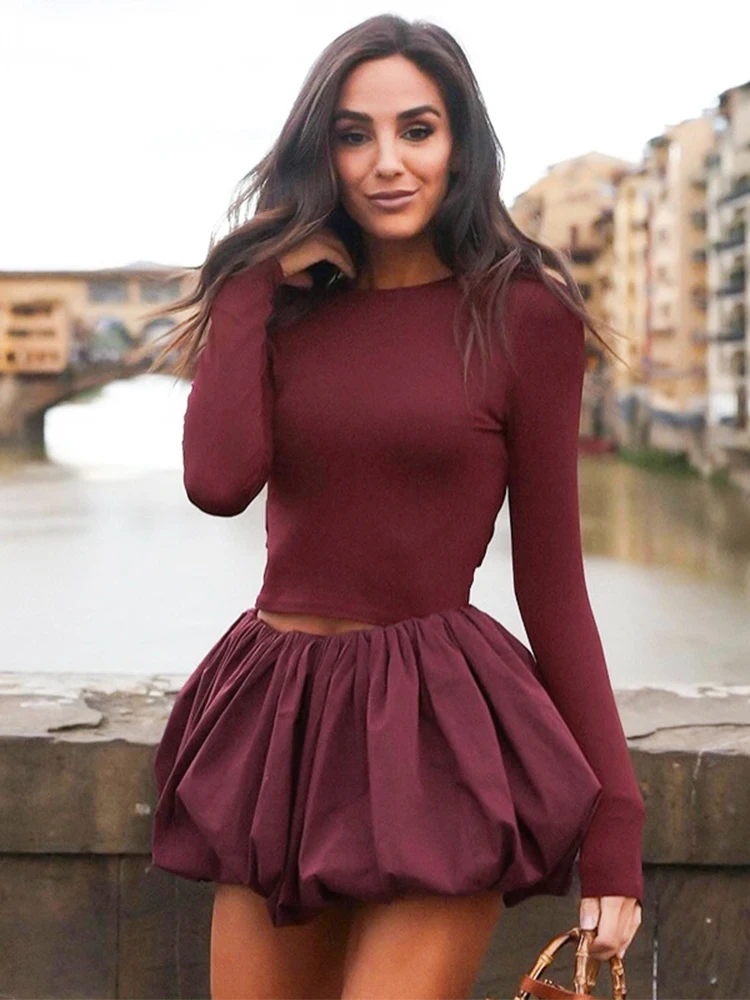 Trendix Pleated Skirt 2 Piece Sets Women Burgundy Bodycon Long Sleeve Shirts Vintage Fashion High Waist Dress Suits 2024 Winter