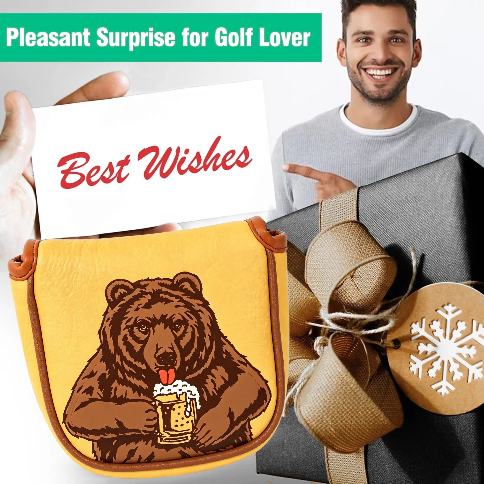 Skull Embroidered Golf Mallet Putter Headcover with Beer Bear Design for Most Brand,Golf Accessories for Men Golfers Christmas view 6