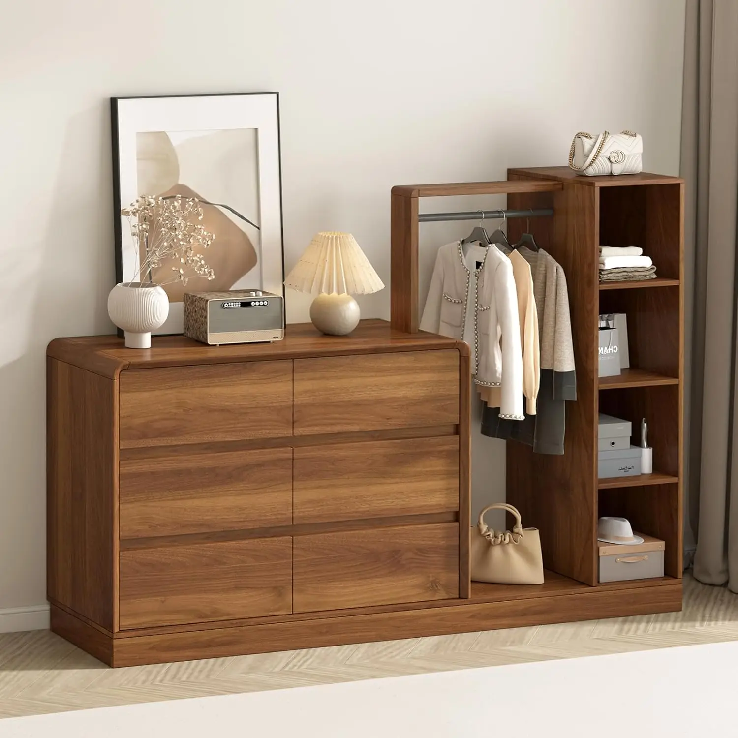 Open Shelf Bookcase，Dresser for Bedroom with 6 Drawers Dresser with Clothes Rack, 4-Tier Bookshelf Wood Storage Unit