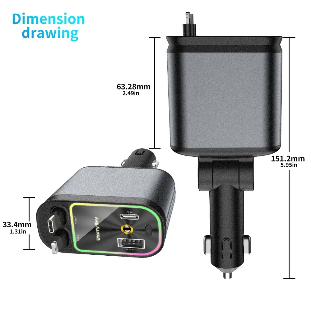 Car Charger with Starry Sky Ambient Light, 4-in-1 Retractable Cable, Super Fast Charging Adapter for Cigarette Lighter Socket