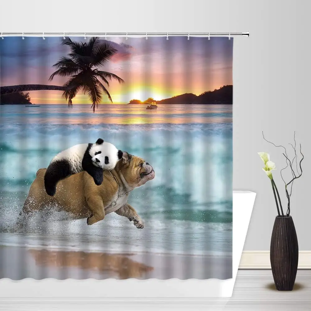 Funny Panda Riding Bulldog Shower Curtain, Surreal Animal Beach Sunset Bath Decor, Humorous Pet Art, Waterproof Polyester Fabric