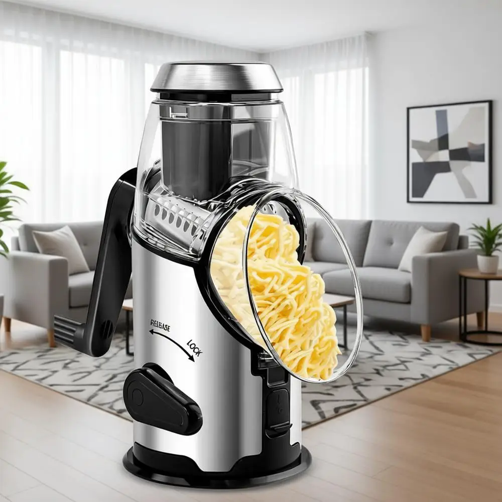 

Роторная терка для сыра с ручкой, измельчитель овощей, 3 лезвия из нержавеющей стали, прочное основание на присоске, круглая мандолина для нарезки, Foo