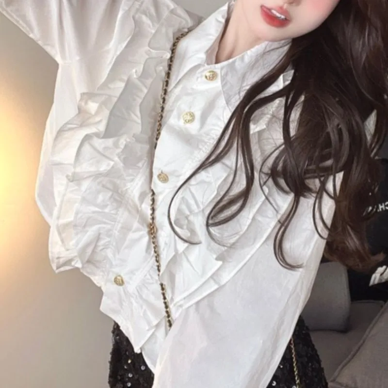 Chic Shirts for Women Turn-down Collar All-match Solid White Elegant Sweet Girls Design Spring Autumn Long Sleeve Korean Style