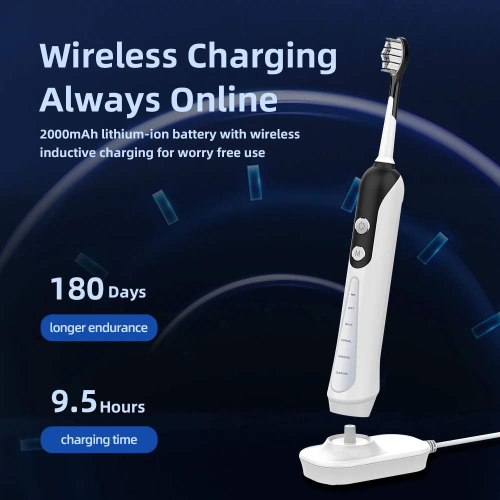 Sonic Dental Electric Toothbrush with Wireless Charging Base 4 Heads 5 Modes Time Reminder High Frequency Vibration Waterproof