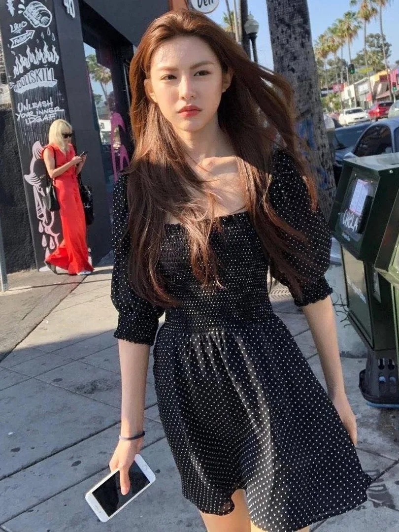 Chic été Vintage col carré à pois taille bulle Sve Dr Ele minceur Design décontracté confortable ajustement Dr