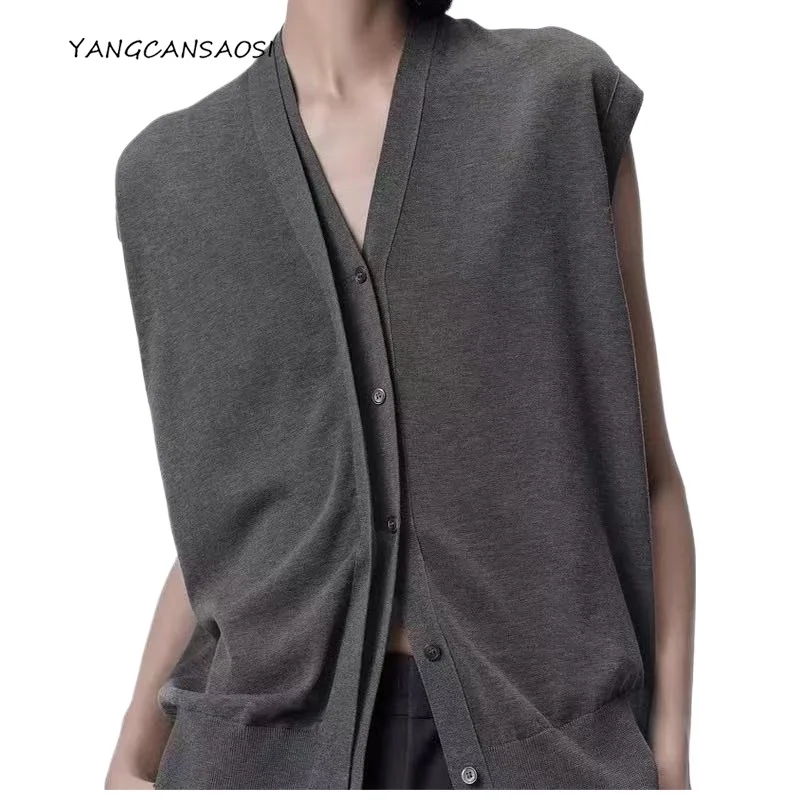 

2025 Women's Clothing Early Autumn Machine Washable V-neck Sleeveless Female Vest Fake Layering Solid Color Knitted Cardigan