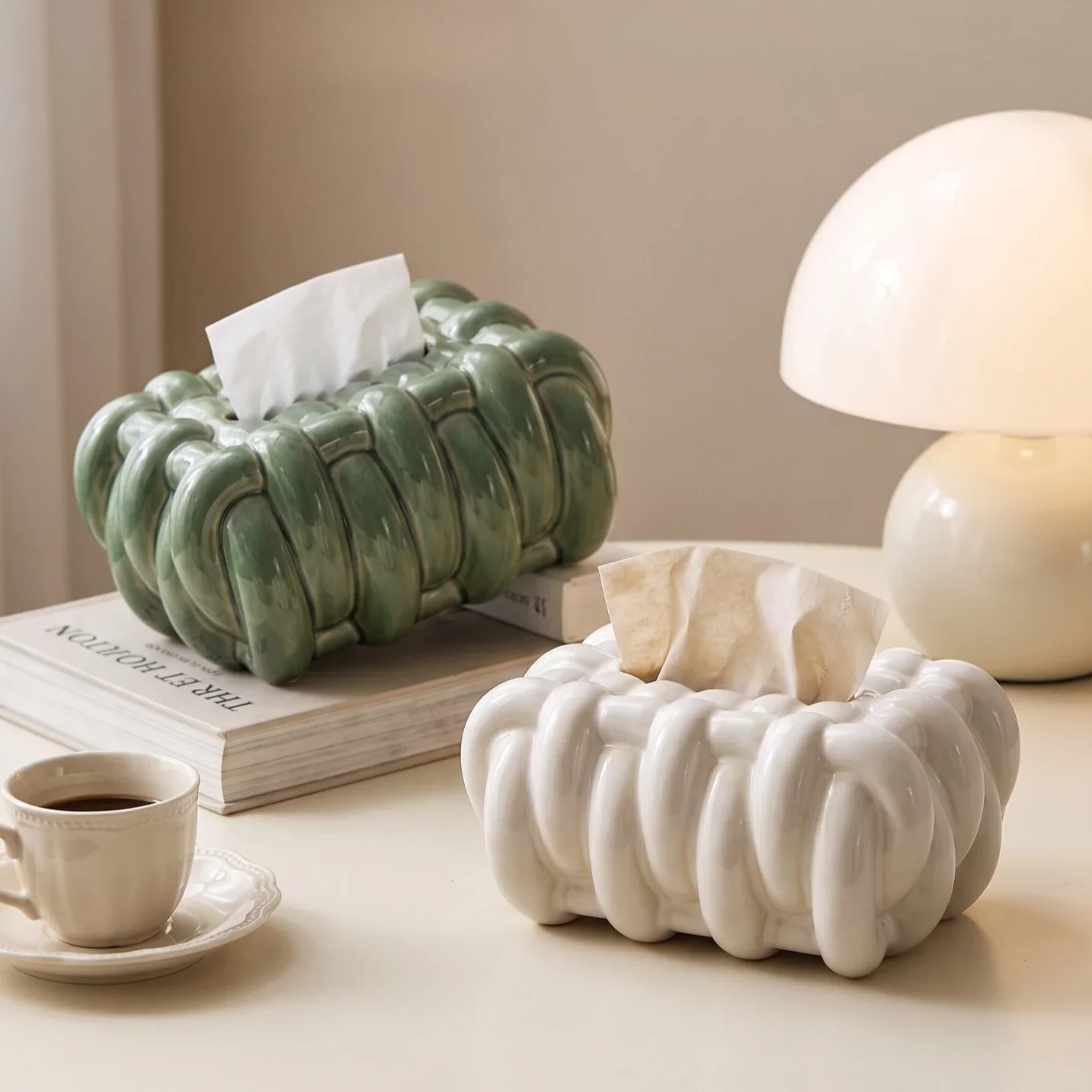 Braided Knitted Ceramic Tissue Box Napkin Holder Minimalist Desktop Tissue Dispenser Living Room Bathroom Home Decor Ornament