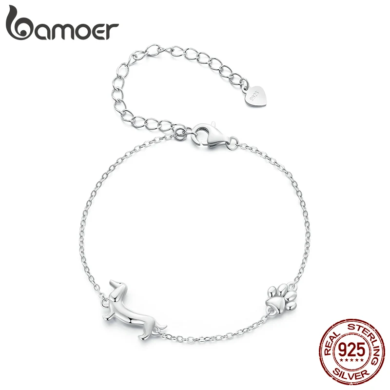 Bamoer 925 Sterling Silver Dachshund Bracelet Cute Dog Paw Print Plated Platinum for Women Anniversary Party Gift Fine Jewelry