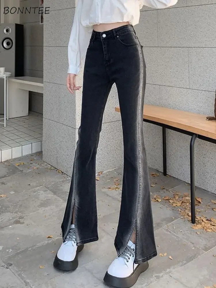 

Flare Side Stripe Jeans Women Slit Vintage High Waist Streetwear Stretchy Spring Students All-match Simple Popular Korean Style