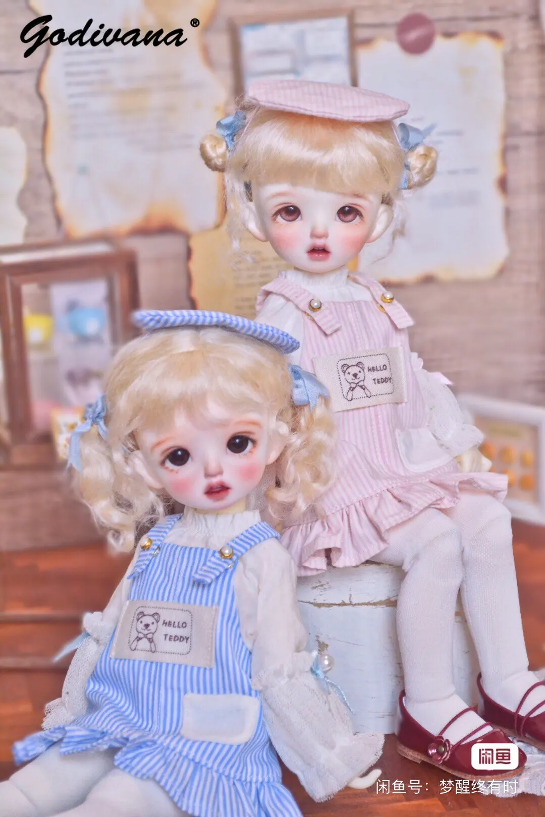 Daily Sweet BJD Full Set Blue Strap Jumper Skirt Bear Patch Lace Long‑sleeve Blouse Beret Hat White Tights for 1/6 BJD Doll