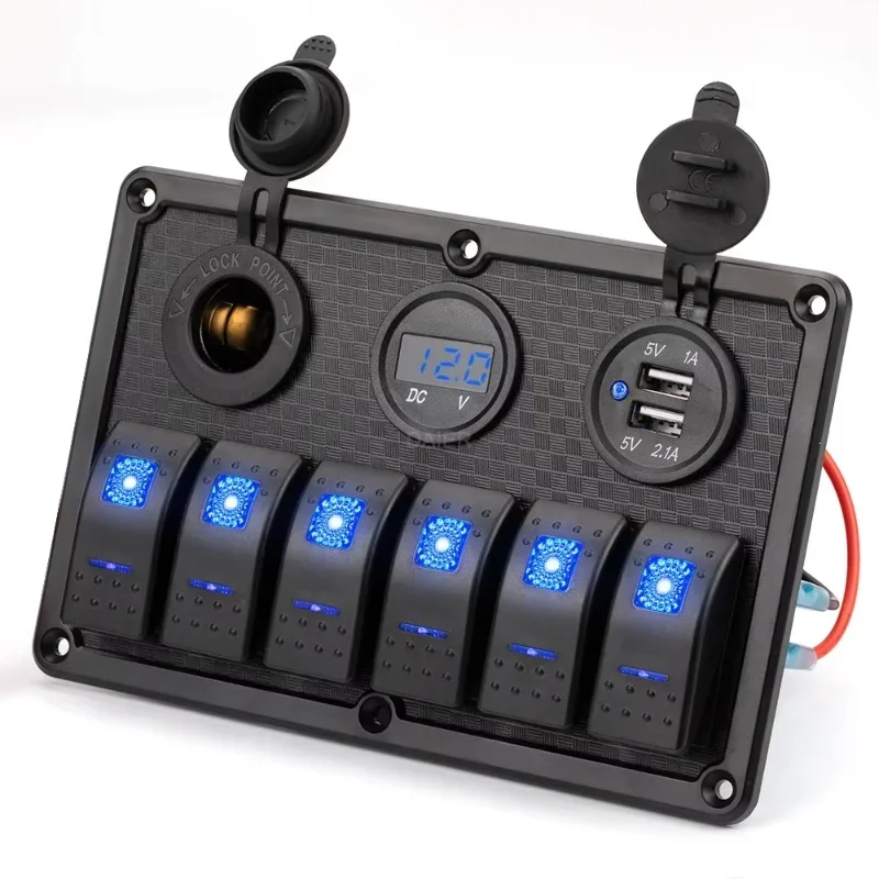 

6 Gang Boat Marine Rocker Switch Panel With Waterproof Toggle Switches 3.1A Dual USB Charger 12V 24V Blue LED Voltmeter