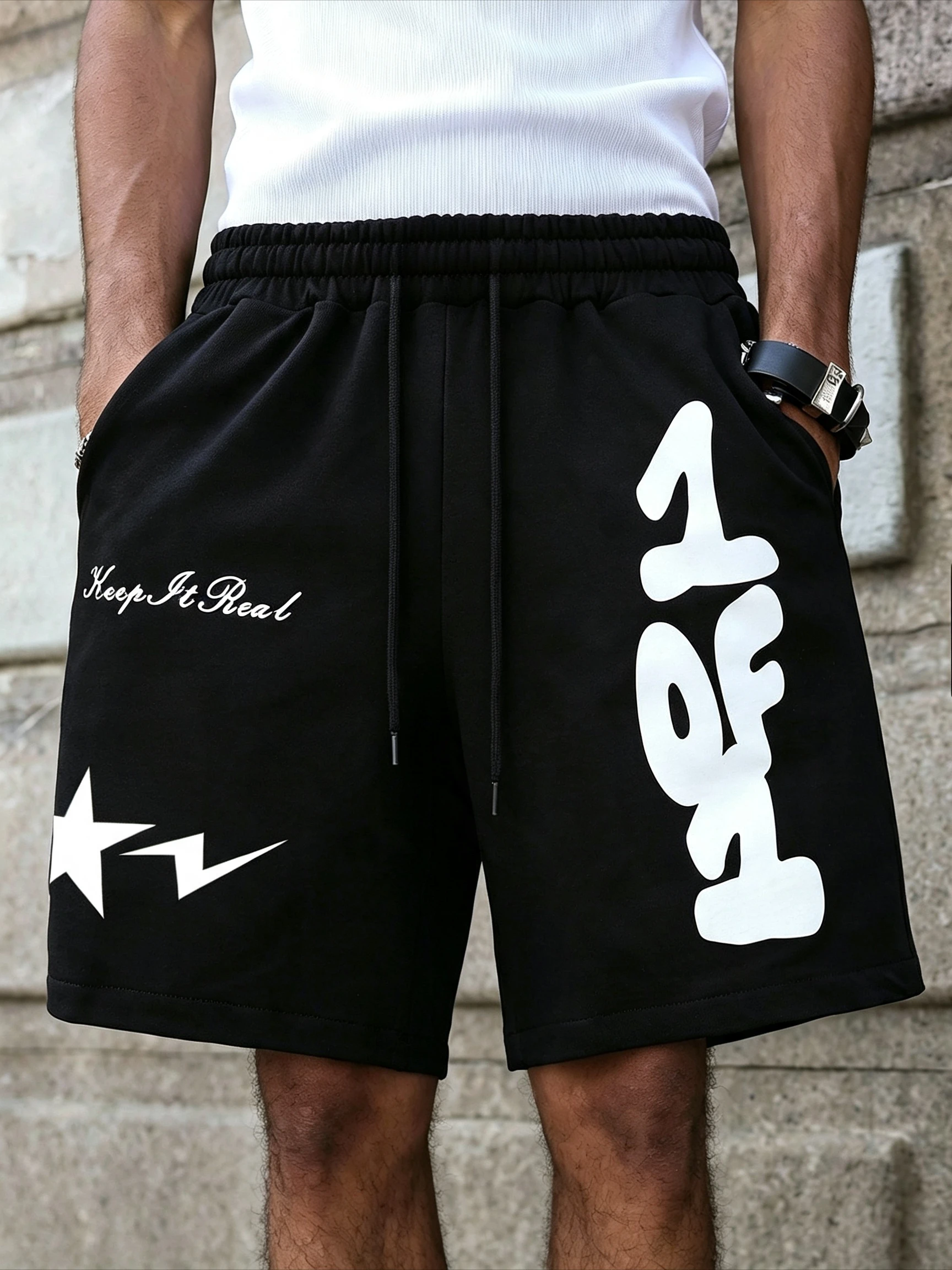 Men's Letter Print Patchwork Plaid Waistband Shorts Print Trousers, Plaid Belt Street Style Long Trousers