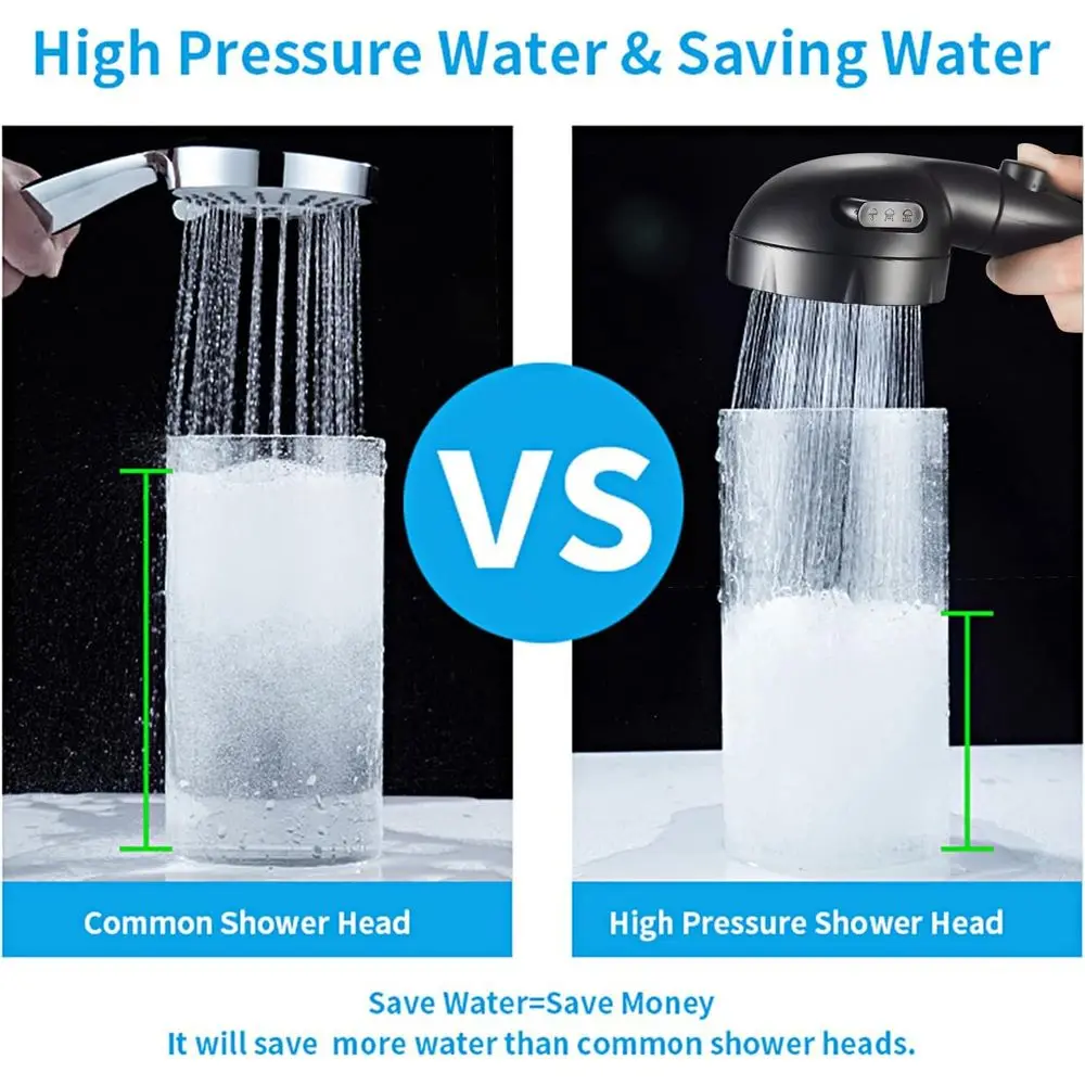 Hogedruk handdouchekop met pauzeschakelaar, 3 modi, waterbesparend, zwart, inclusief beugel en slang