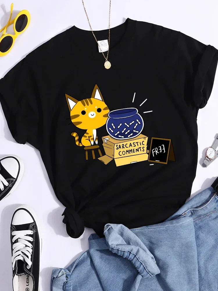 

Kawaii Cat T-Shirt Sarcastic Comments Women Fashion T Shirts Street Hip Hop Crop Top Cool Sport Breathable Female Tshirts Casual