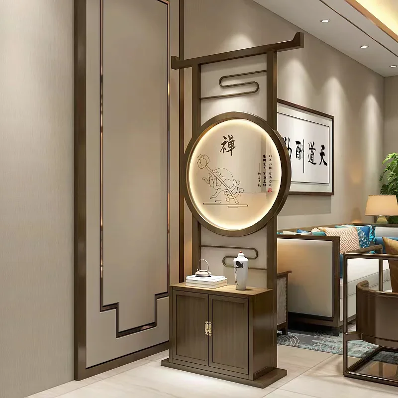 New Chinese pure solid wood home screen partition entrance study living room light strip practical low cabinet shoe changing