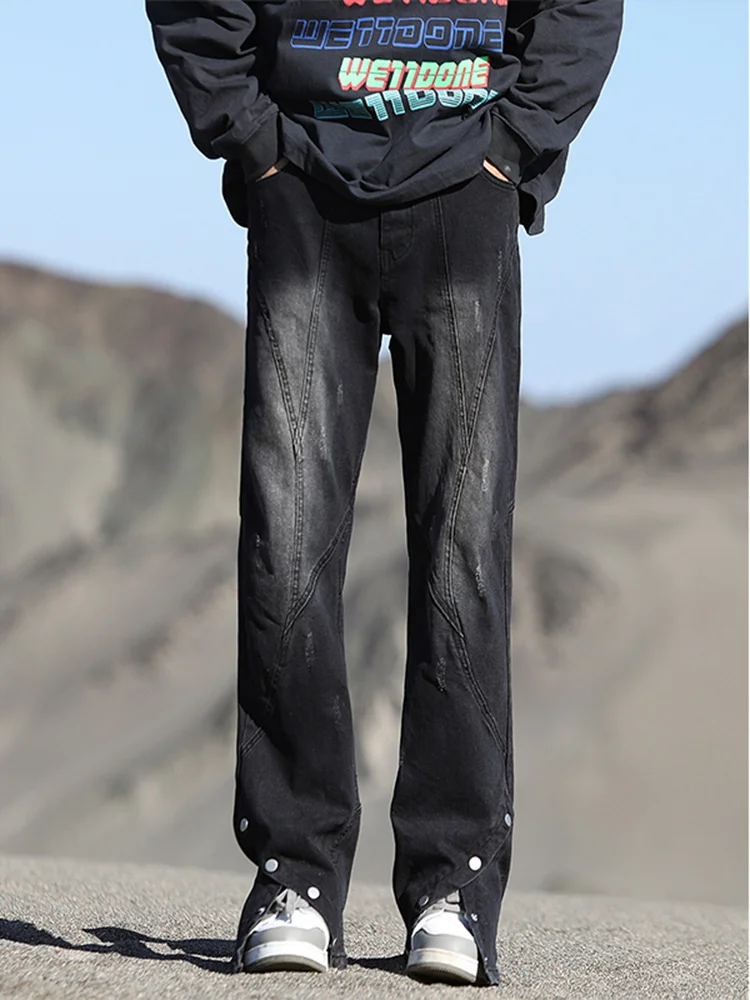 

Slimming High Rise Men's Jeans American Street Sle Vibe Button Split Design Bell Bot Straight Leg Trousers for Taller Men