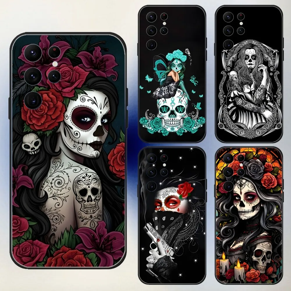 

Mexican Catrina Skull Girl Phone Case For Samsung S24,23,22,30,21,10,9,Ultra,Plus,Lite,FE,5G Black Soft Case