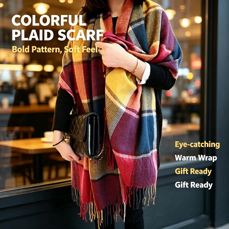Winter Scarf Women Warm Soft Cozy Plaid Wrap Shawl Oversized Color Block Thick Long Dual Use Neck Warmer Korean Style Daily Gift
