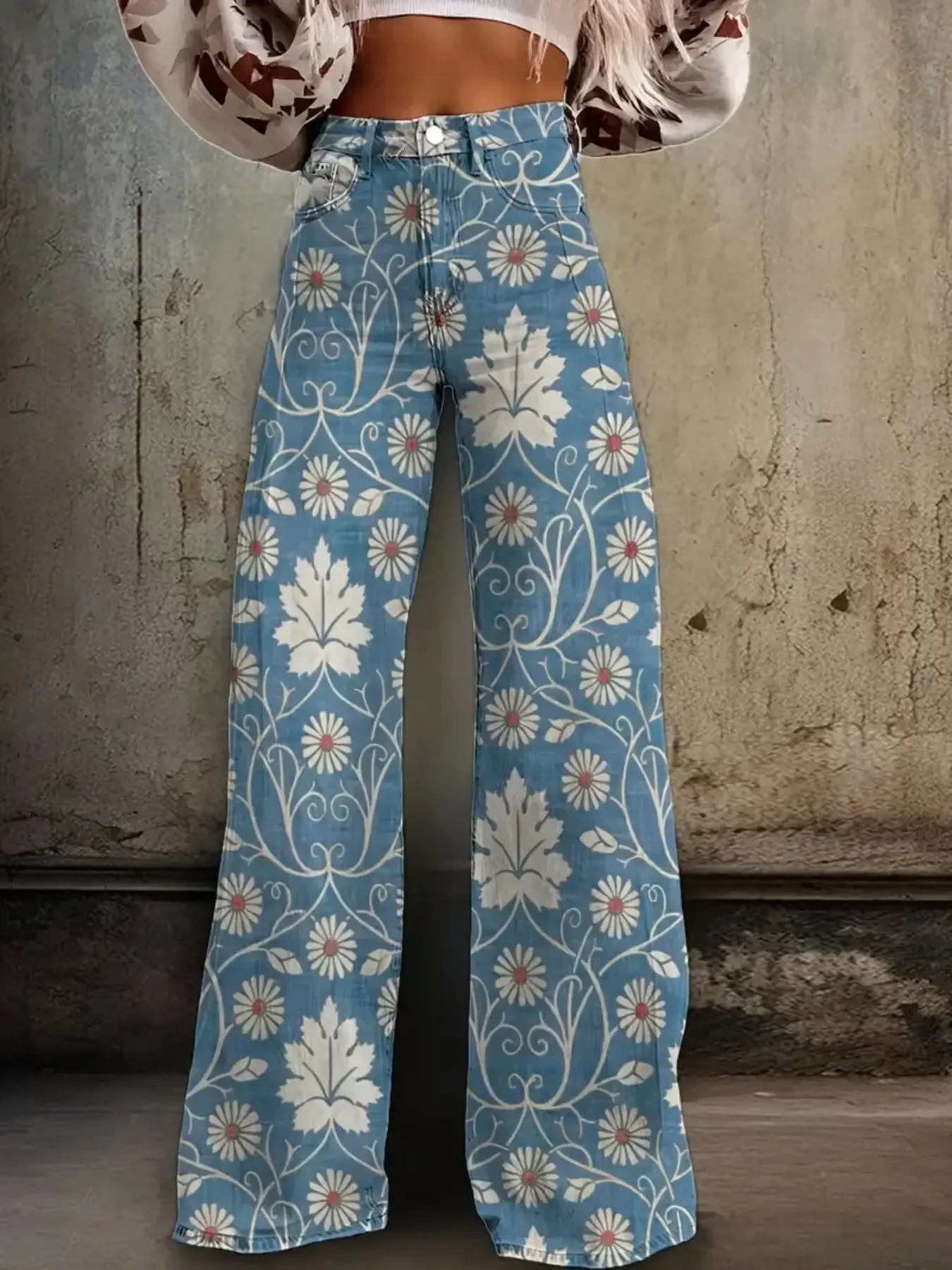 Ladies' retro bohemian style 3D geometric printed wide leg pants