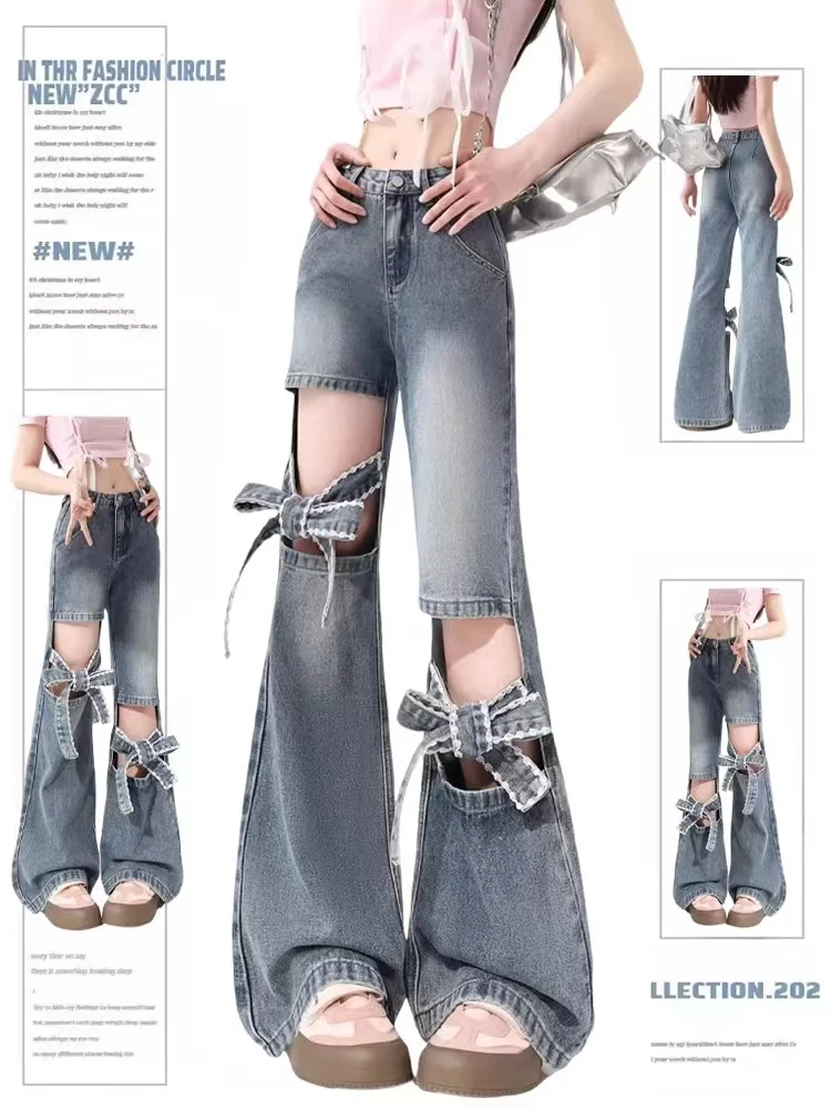 

ADAgirl Hole Denim Flared Pants Women Y2k Chic Bows Hollow Out High Waist Kpop Wide Leg Boot Cut Jeans Streetwear Causal Bottoms