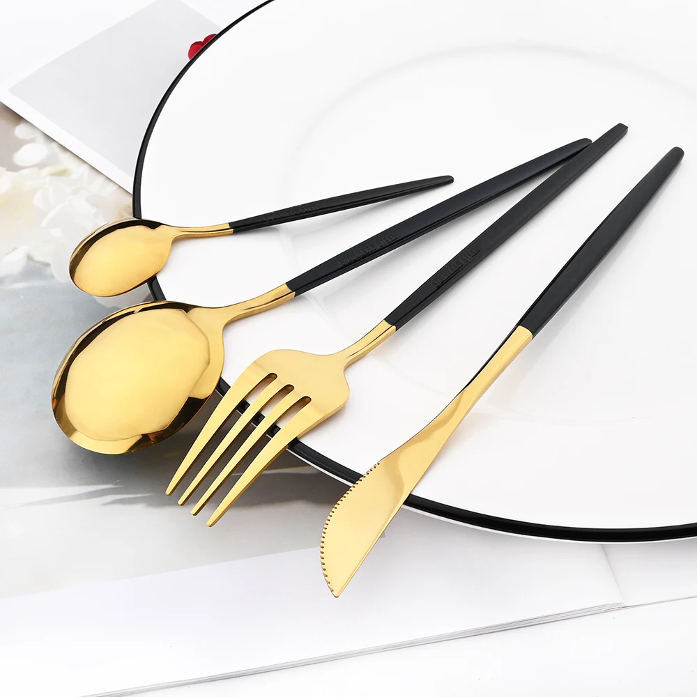 Drmfiy Black Gold Dinnerware Set Stainless Steel Cutlery Set Fork Knife Soup Dessert Ice Spoon Complete Dinner Western Flatwar