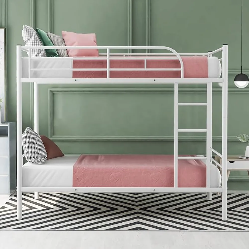 Metal Twin Size Bunk Beds, Twin Over Twin Beds Frame with Stairs, Guardrail, Can be Divided into Two Bed