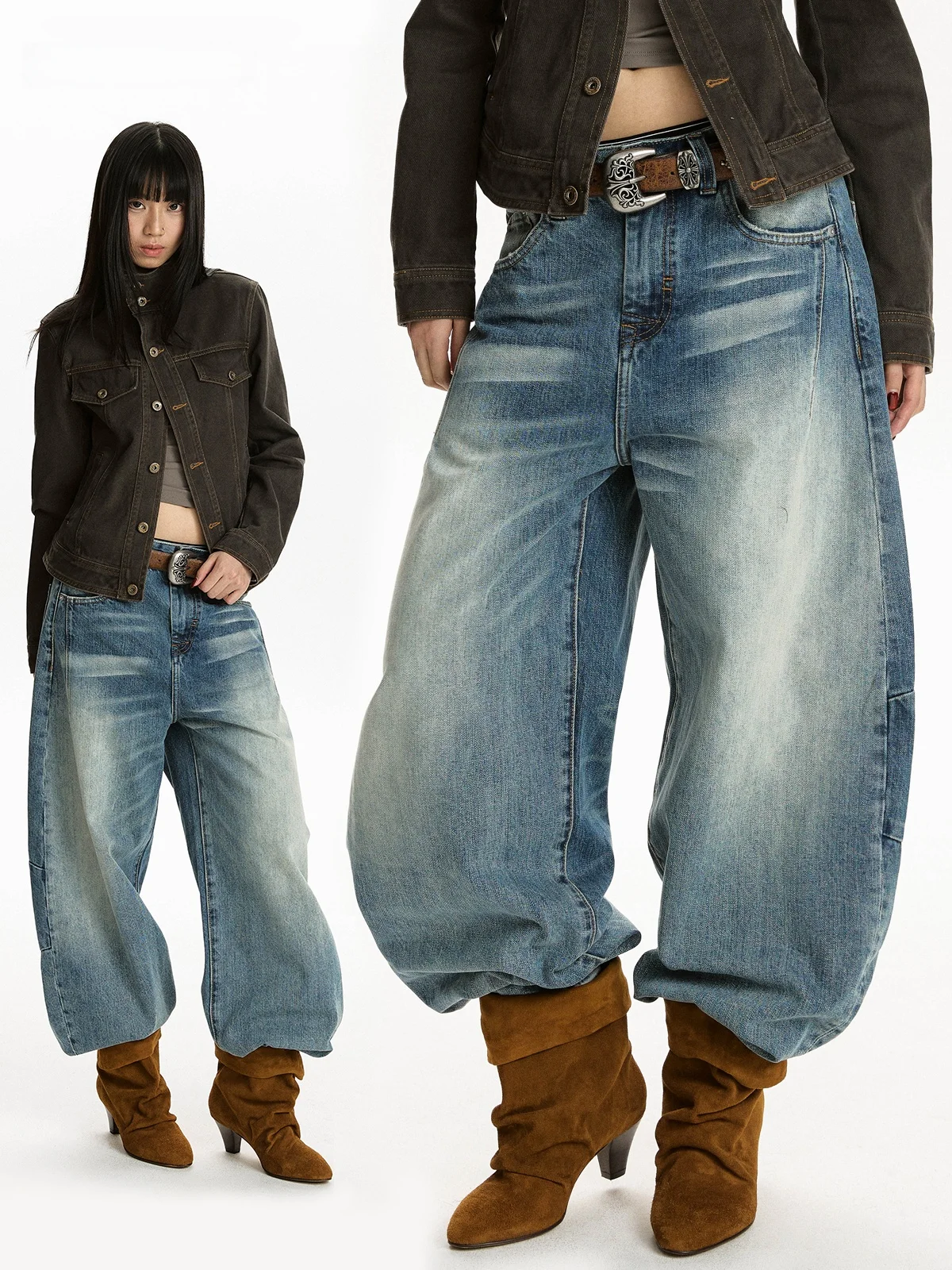 

Aket American Retro Waed Wide Leg Loose Knife Jeans Women Classic Faded Casual Drapey Pants Cotton l Waist