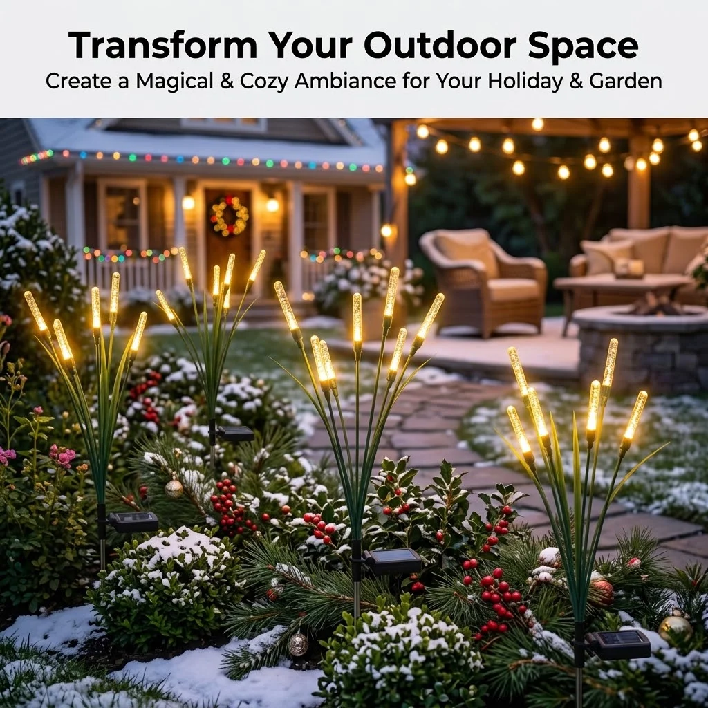 Solar Reed Lights 4 Pack, Tall Solar Pampas Grass Lights for Outdoor, 1000mah Waterproof Solar Garden Lights with Warm Glow, Auto On/Off No Wiring, Patio Yard Path Walkway Decor, Christmas Winter Holiday Garden Decorations