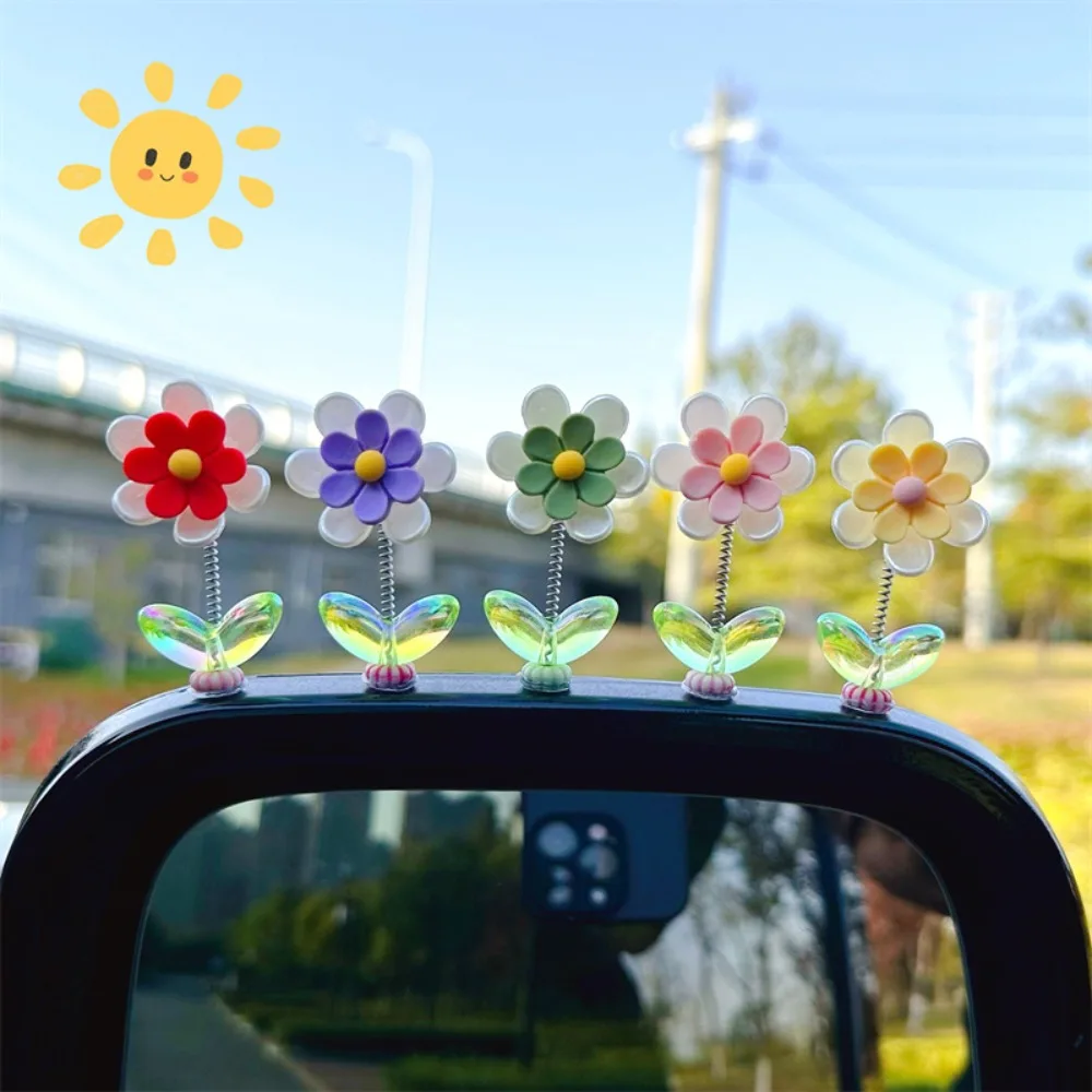 5pcs Desktop Decoration Chrysanthemums Car Dance Toys Candy Color Resin Shaking Flower Ornaments Cartoon Car Shaking Spring Toy