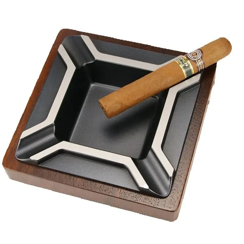 Luxury Cigar Ashtray Square Engraved Wood Base And Metal Cigar Ashtray 18CM For Office And Cigar Home Smoking Accessories