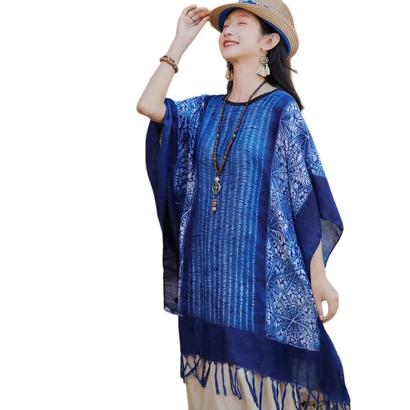 Retro Ethnic Style Shawl Pullover with Blue Tassel Warm Shawl Scarf