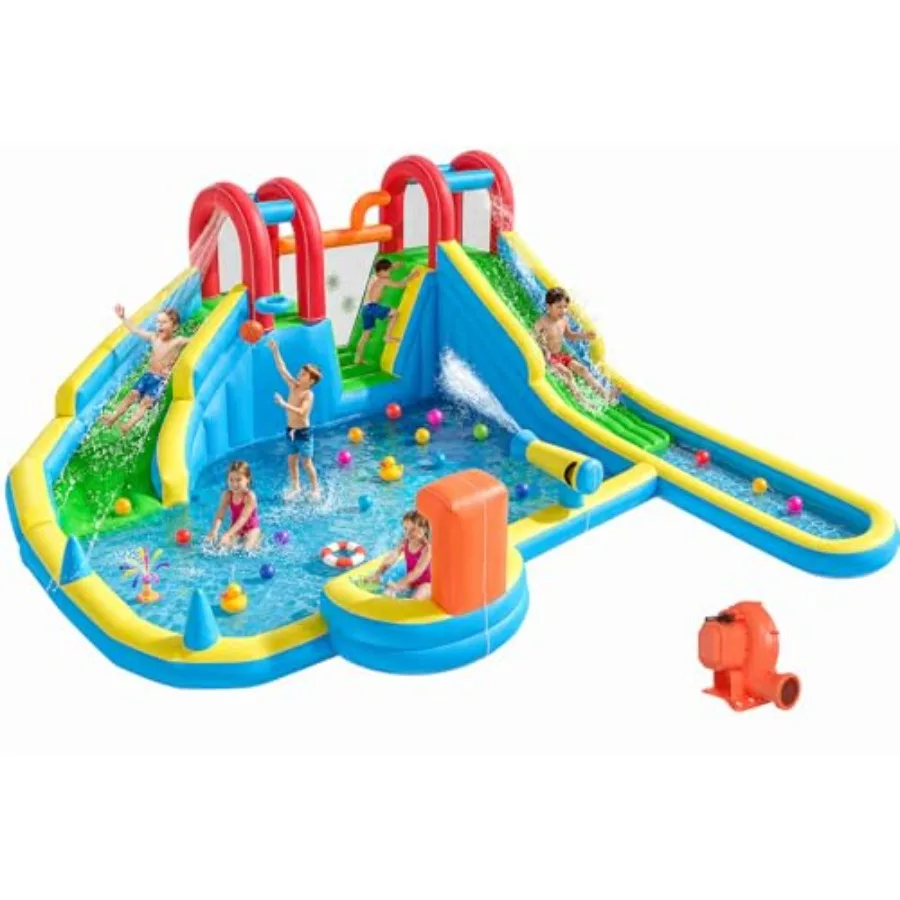 

Inflatable Water Slide, 10 in 1 Double Water Slide Bounce House for 3-12 with Blower, Splash Pool, Water Cannon, Climbing Wall,