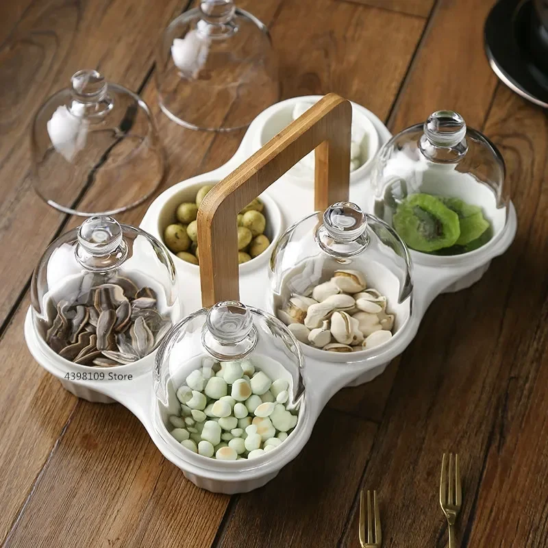 

Creative Ceramic Snack Plate Fruit Platter Glass Cover Dessert Bowl Dried Fruit Plate Modern Living Room Snack Storage Plate P8M