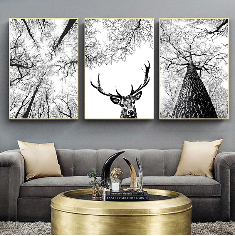 Scandinavian Tree Print Hunting Posters Deer Antlers Wall Art Woodland Tree Minimalist Canvas Painting Home Room Decoration