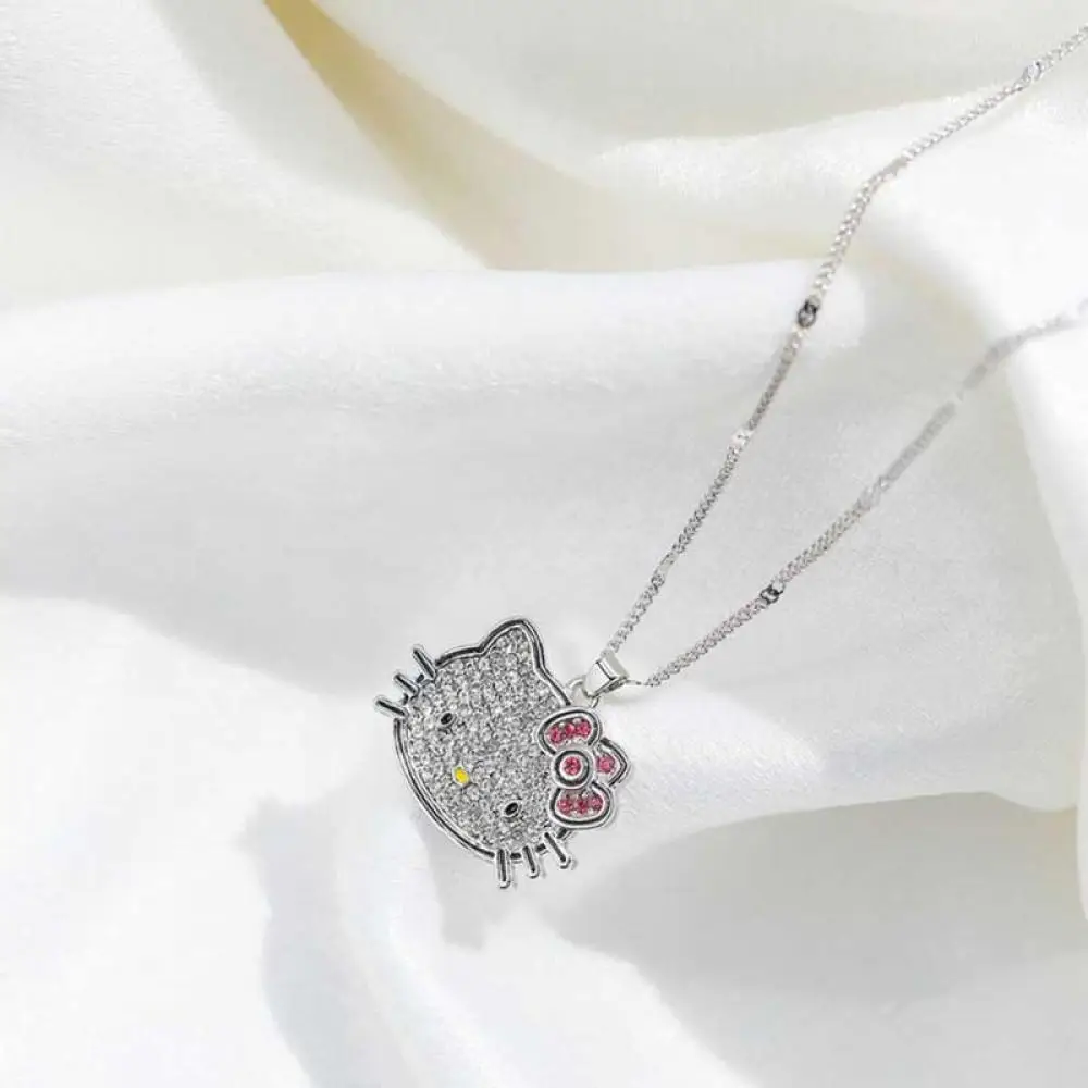 y2k Hello Kitty Necklace Accessories Full Diamond Bowknot Lovely Fashion Crystal Pendant Collar Chain Women Girl Birthday Gift