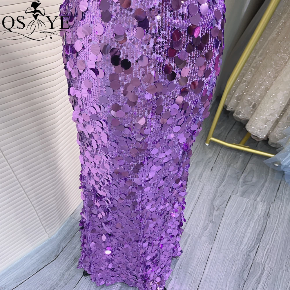 Big Sequin Purple Evening Dresses 2024 Sequined Full Mermaid V Neck Evening Gown Big Sequins Spaghetti Straps Formal Party Dress