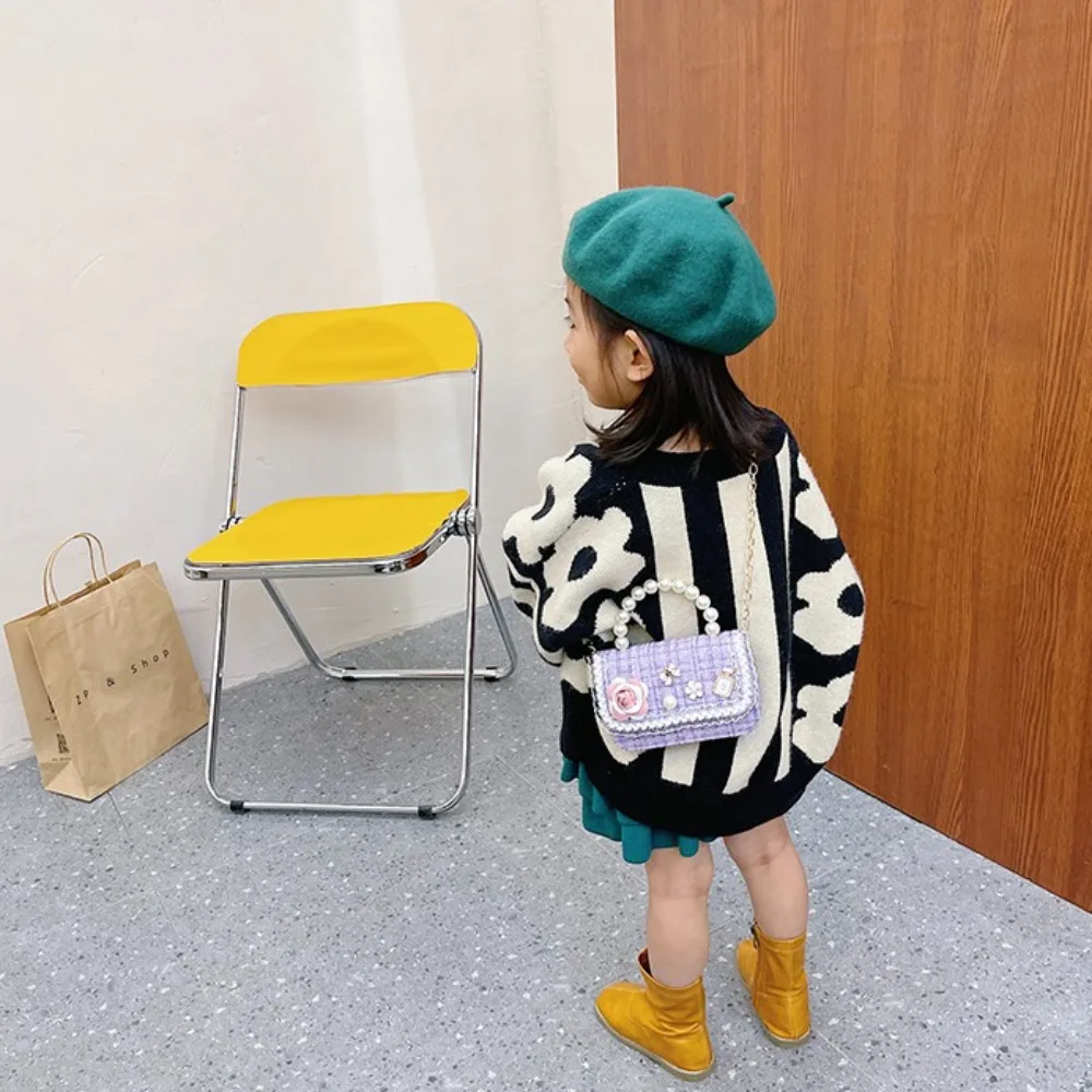 Fashion Flower Decoration Small Square Bag Mini Korean Style Crossbody Bags Pearl Handle Kid's Handbag Girls