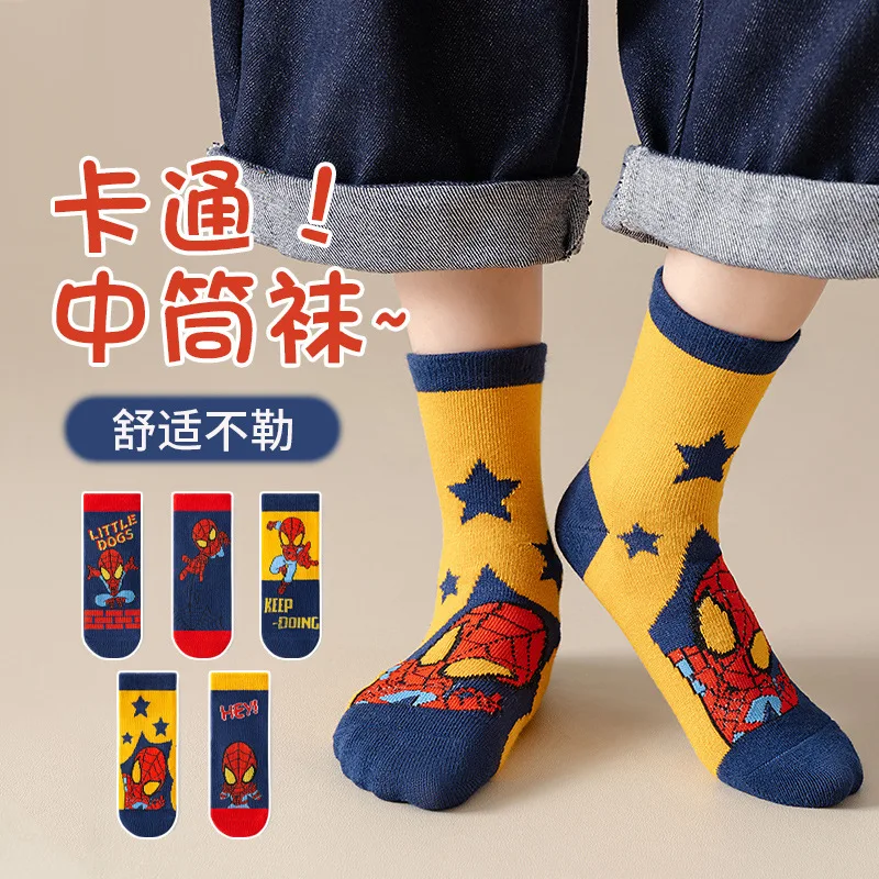 

5 Pairs Marvel Kids Socks Spider-Man Kawaii New Fall Cartoon Boy Children Mid-calf Socks Cotton Sock for Boys Gifts