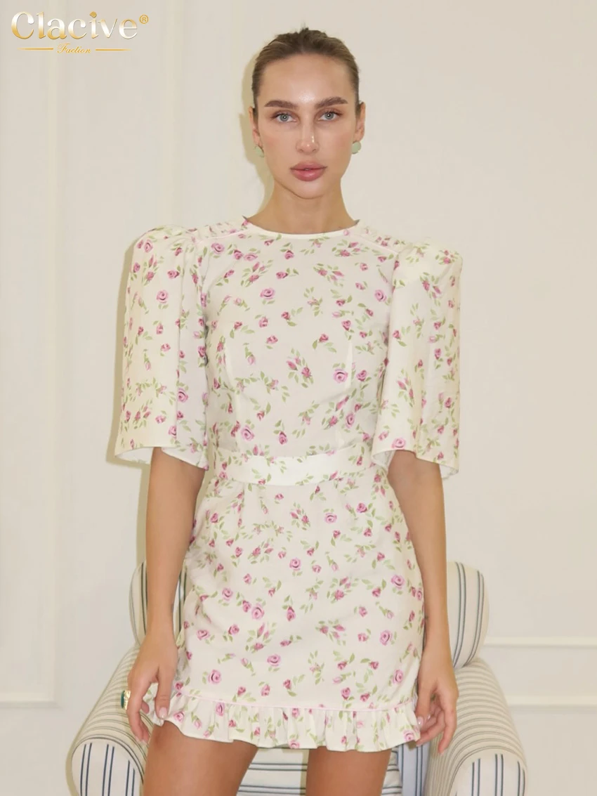 

Clacive Summer Loose Print Women's Dress 2026 Fashion O-Neck Short Sleeve Mini Dresses Elegant Classic High Waist Female Dress