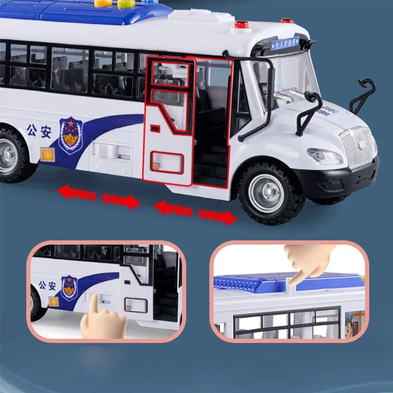 Large Size Police Car Model with Lights and Music Simulation Police Bus Pull-back Vehicle Inertial Cars Toys for Children Gift