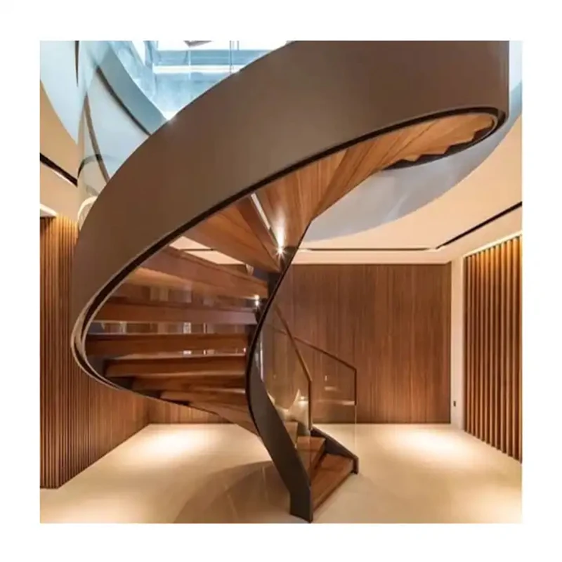 Customization Modern Indoor Curved Shape Steel Bar Wooden Spiral Staircase Design Villa Indoor Iron Spiral Stair From Stairs