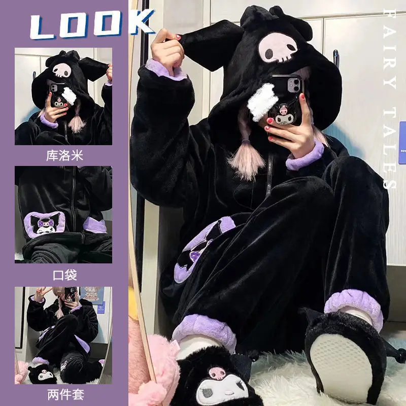 

Sanrios Cinnamoroll Hooded Pajamas 2 Pcs Sets for Women Cartoon Kuromi Warm Plush Thickened Winter Nightgown Soft Homewear Girls