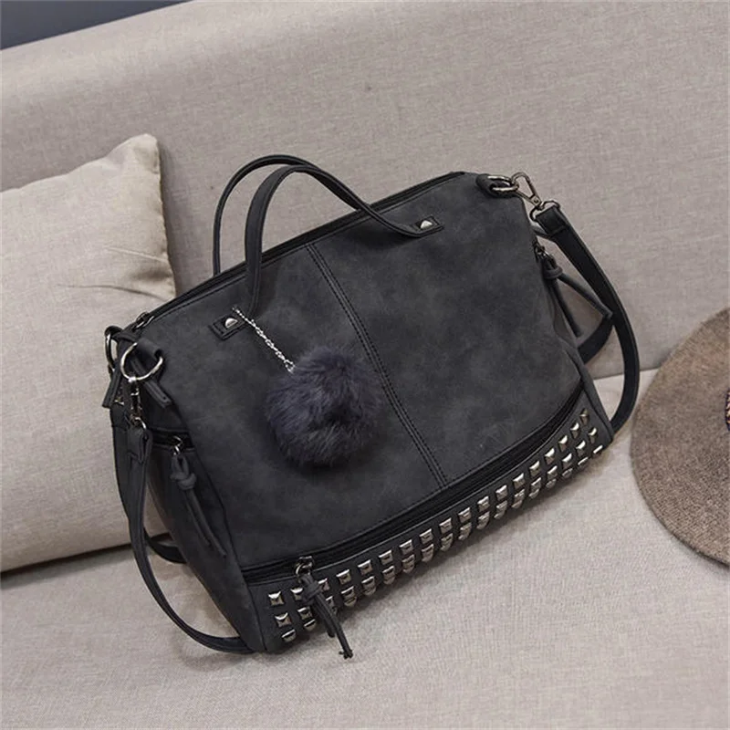 Large Capacity Women Shoulder Bag Vintage Nubuck Leather Ladies Handbag Rivet Bags Hair Ball Messenger Top-Handle Bag Hot Sale