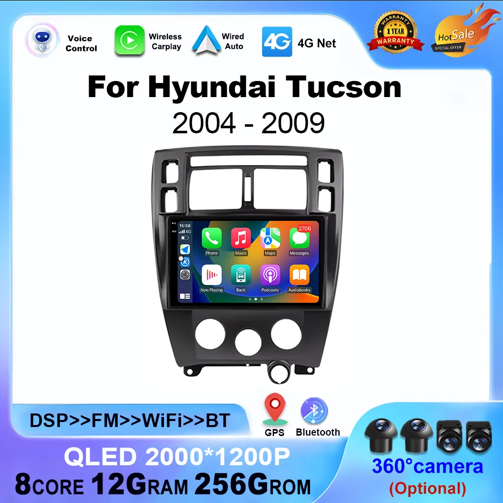 

Автомобильный стереоприемник с GPS Android 14, для Hyundai Tucson 2004 2005 2006 2007 2008 2009, мультимедийный видеоплеер, беспроводной головное устройство QLED