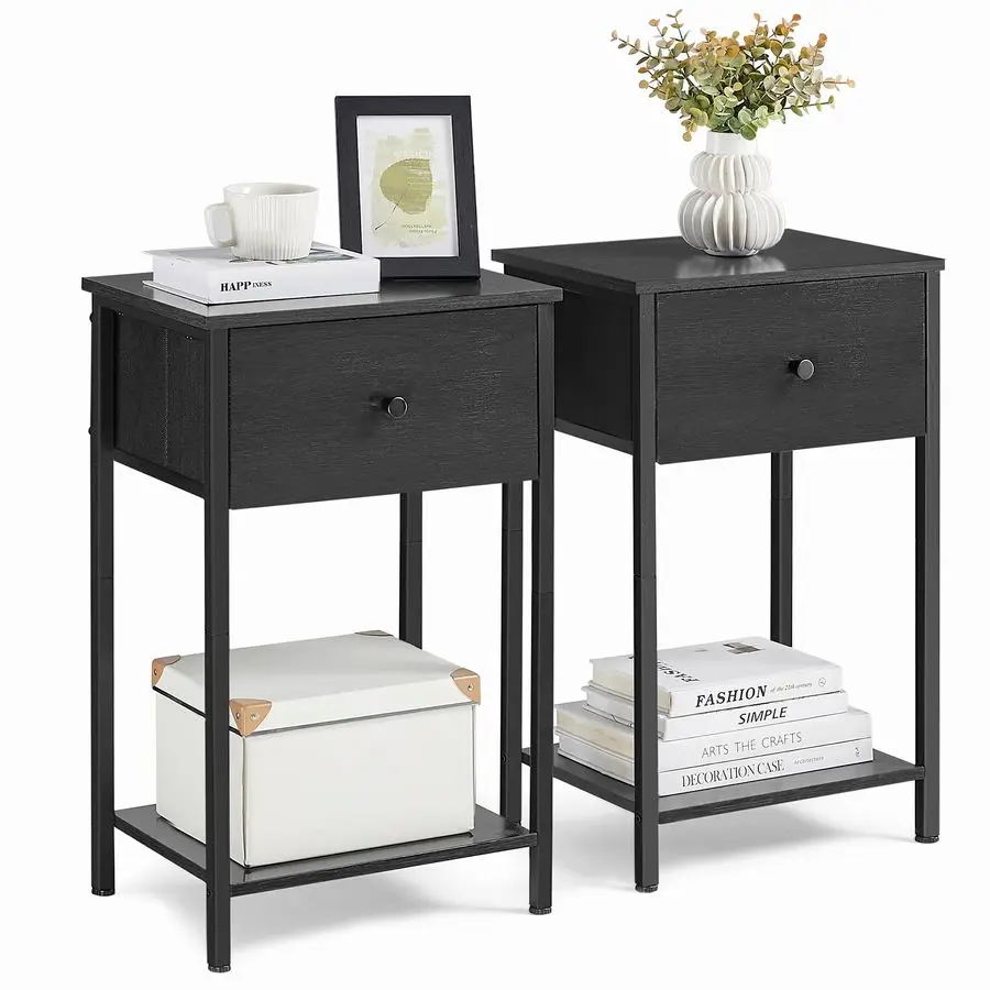 

Nightstands, Set of 2, Side Table with Fabric Drawer, 24Inch Tall End Table with Storage Shelf, Bedroom, Black ULGS221B21